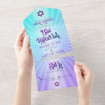 Bat Mitzvah Retro Blue Lila Gradient Boho Bold All In One Einladung<br><div class="desc">Seien Sie stolz, freuen Sie sich und präsentieren Sie diesen Meilenstein Ihres Lieblings-Bat Mitzvah mit diesem lustigen boho Retro, maßgeschneiderte All-in-One-Einladung für eine Veranstaltung zu erinnern. Angesagte, trendige, kühne lila und marineblaue Typografie mit moderner Sans-Serif-Typografie überlagert einen Hintergrund von türkisblauen Pop und lila Ober-Farbradien mit weißen Punkten. Dieses All-in-One-Produkt ist...</div>