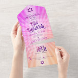 Bat Mitzvah Retro Boho Pink Orange Gradient Bold All In One Einladung<br><div class="desc">Seien Sie stolz, freuen Sie sich und präsentieren Sie diesen Meilenstein Ihres Lieblings-Bat Mitzvah mit diesem lustigen boho Retro, maßgeschneiderte All-in-One-Einladung für eine Veranstaltung zu erinnern. Angesagte, trendige, kühn dunkelrosa und lila Typografie mit moderner Sans-Serif-Typografie überlagern den Hintergrund von Pop-Lichtstrahlen in Orange- und Rosa-Ober-Farbradien mit weißen Punkten. Dieses All-in-One-Produkt ist...</div>