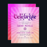 Bat Mitzvah Retro Boho Pink Orange Gradient Bold Begleitkarte<br><div class="desc">Seien Sie stolz, freuen Sie sich und präsentieren Sie diesen Meilenstein Ihres Lieblings-Bat Mitzvah! Fügen Sie dieses groovy boho Retro, personalisierte Einfügen für zusätzliche Informationen zu Ihrer Veranstaltung. Spaß, trendige, kühn dunkelrosa und lila Typografie mit moderner Sans Serif Typografie überlagern den Hintergrund von Pop-Lichtstrahlen in Orange- und Rosa-Ober-Farbradien mit weißen...</div>