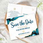 Bat Mitzvah Rett Datum Turquoise Agate Real Gold Folie Einladungspostkarte<br><div class="desc">Achten Sie darauf, dass alle Ihre Freunde und Verwandten den Meilenstein Ihrer Tochter Bat Mitzvah feiern können! Versenden Sie diese coole, einzigartige, moderne, personalisierte "Save the Date" echte Goldfolienkarte Postcard. Dunkle aquamarine blaue Schrift-Typografie, echte Goldfolie sans Serifentypografie und ein echter goldener Star von David überlagern einen schlichten, sauberen, weißen Hintergrund...</div>