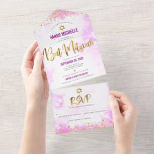 Bat Mitzvah rosa Aquarell Gold Schrift modern All In One Einladung