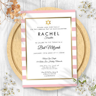 Bat Mitzvah Rosa Weiß Streifen Gold Davidstern Einladung