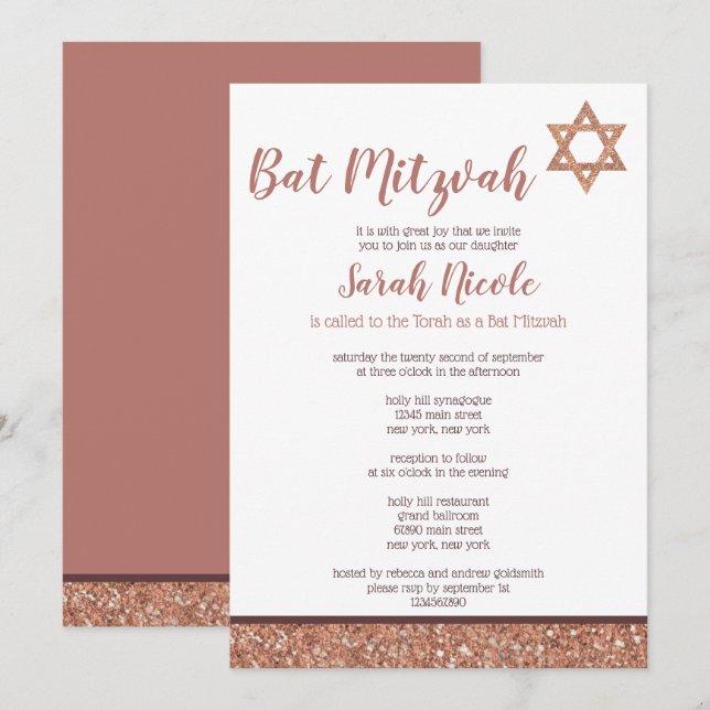 Bat Mitzvah Rose Gold Chic Elegante Imitats Glitze Einladung (Vorne/Hinten)