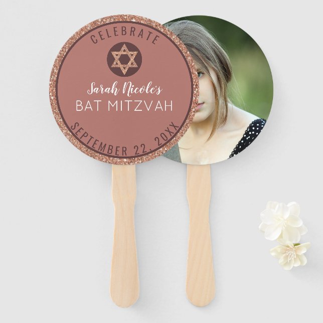 Bat Mitzvah Rose Gold Glitzer Bling Foto Fächer (Vorne und Hinten)