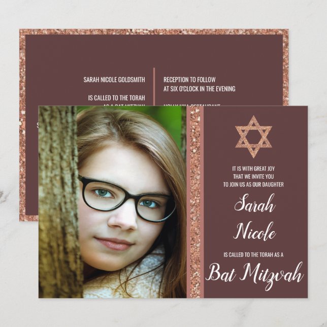 Bat Mitzvah Rose Gold Modernes Foto Chic Glitzer Einladung (Vorne/Hinten)