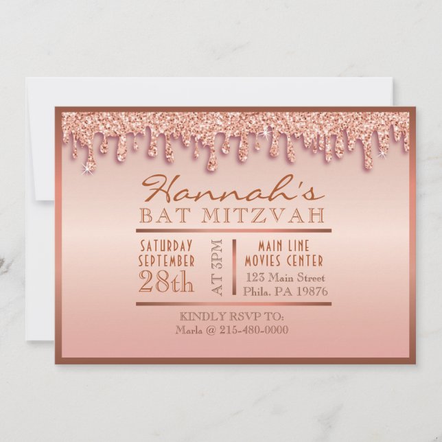 Bat mitzvah rose Gold Sparkle Drippy  Invitation (Devant)