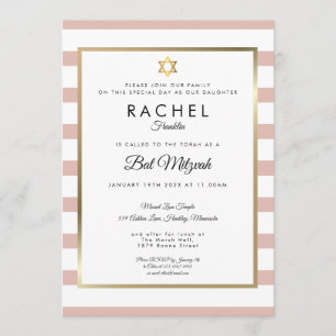 Bat Mitzvah Roségold und weiß gestreift Einladung