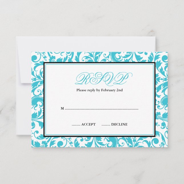 Bat mitzvah RSVP turquoise et noir Swirl Damask (Devant)