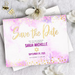 Bat Mitzvah Save Date Pink Watercolor Real Gold Folie Einladungspostkarte<br><div class="desc">Make sure all your friends and relative be able to celebrate your daughter’s milestone Bat Mitzvah! Send out this stunning, modern, sparkly real gold foil, glitter dots and handwritten script against a soft pink watercolor background, personalized "Save the Date", announcement postcard. Personalize the custom text with your Bat Mitzvah's name...</div>