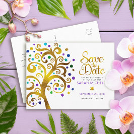 Bat Mitzvah Save the Date Gold Purple Tree of Life Einladungspostkarte