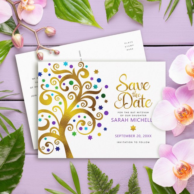 Bat Mitzvah Save the Date Gold Purple Tree of Life Einladungspostkarte (Von Creator hochgeladen)