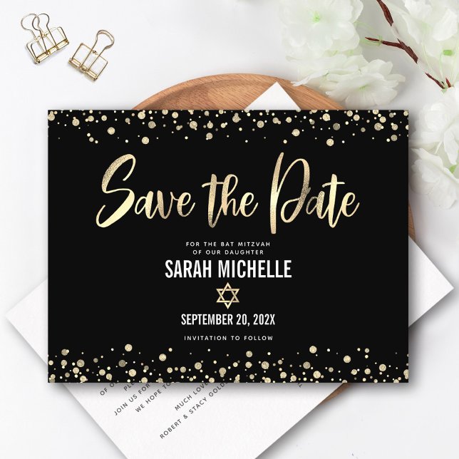 Bat Mitzvah Save the Date Modernes Black Gold Scri Einladungspostkarte (Von Creator hochgeladen)