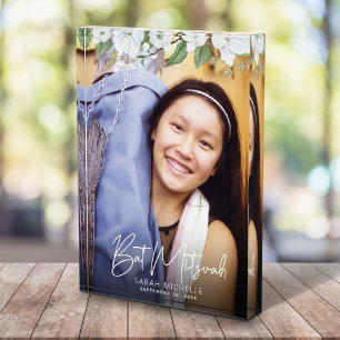 Bat Mitzvah Schriftzug Gold Floral Wasserfarbe And Fotoblock