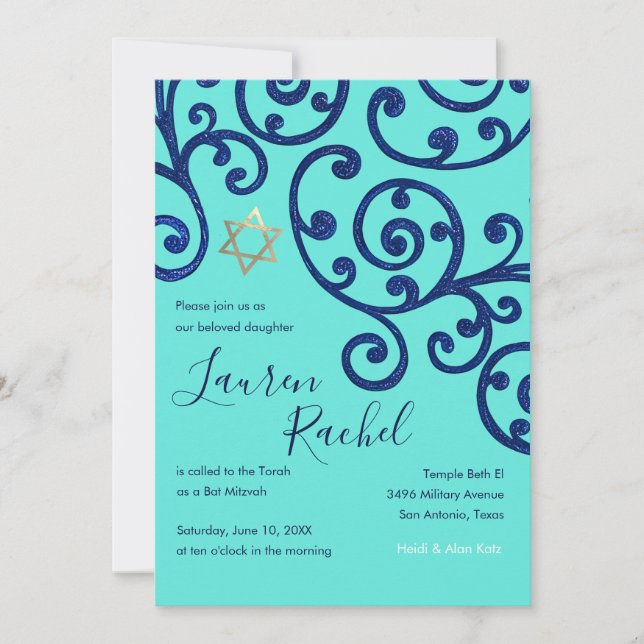 Bat mitzvah Scroll Motif Blue Invitation (Devant)
