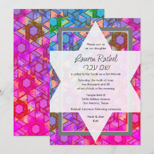 Bat Mitzvah Star von David Blue und Pink Damask Einladung