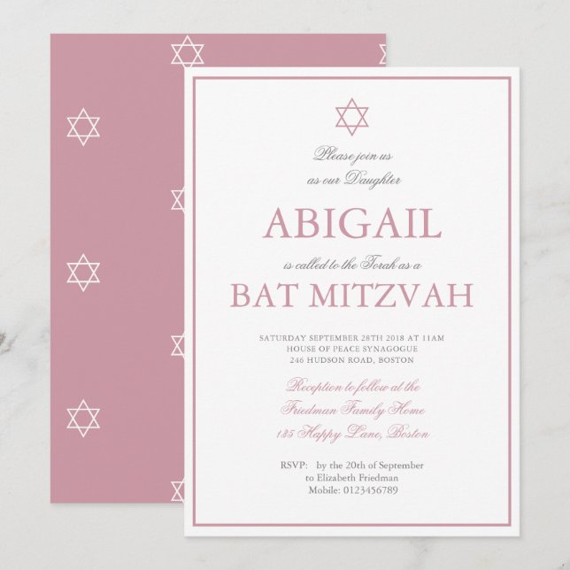 Bat Mitzvah Star von David Pink Juden aus Hebräisc Einladung (Vorne/Hinten)