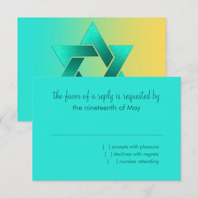 Bat Mitzvah Star von David Yellow Aqua RSVP Karte (Vorne/Hinten)