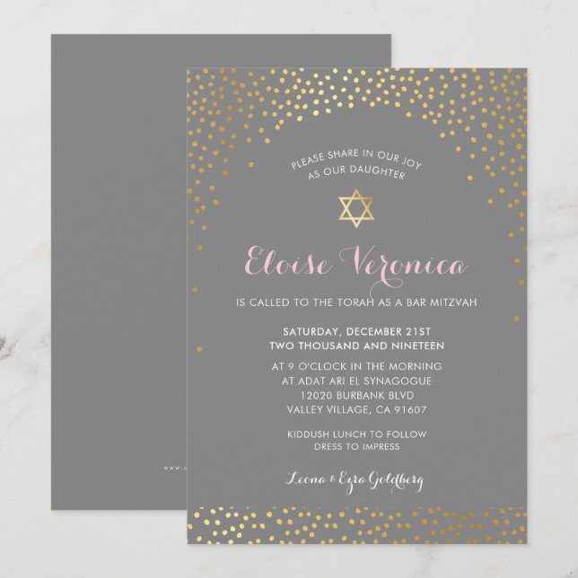 BAT MITZVAH stilvolle Mini-Konfetti-Spot Gold grau Einladung (Vorne/Hinten)