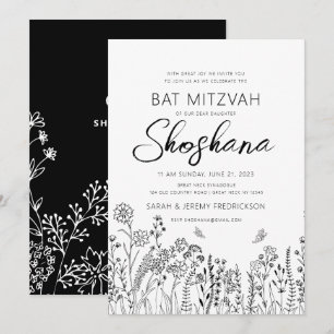 Bat Mitzvah Stilvolle Skripte Blumenskizze Einladung