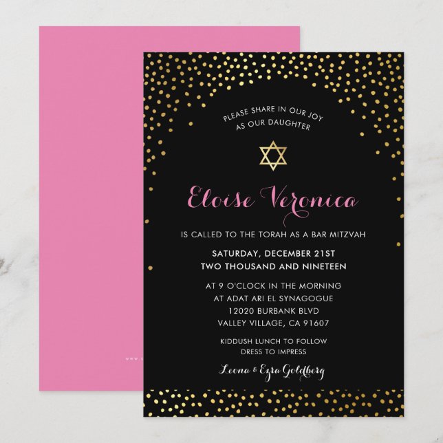 BAT MITZVAH Stilvolles Glamour Konfetti Spot Gold  Einladung (Vorne/Hinten)