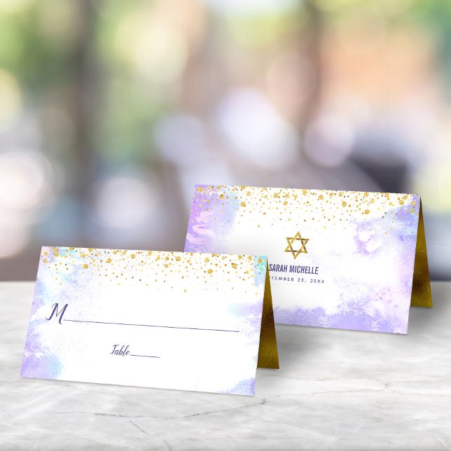 Bat Mitzvah Trendy Gold Punkte auf Lila Wasser Platzkarte (Von Creator hochgeladen)