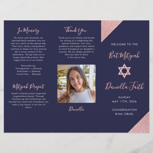 Bat Mitzvah Tri-Fold Program Navy Rose Gold  Flyer (Vorne)