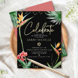 Bat Mitzvah Tropical Black Gold Floral Watercolor Begleitkarte<br><div class="desc">Seien Sie stolz, freuen Sie sich und präsentieren Sie diesen Meilenstein Ihres Lieblings-Bat Mitzvah! Inklusive dieser modernen, raffinierten, personalisierten Beilage für zusätzliche Informationen zu Ihrer Veranstaltung. Stilvolle, atemberaubende, farbenfrohe, tropische Wasserfarbenvögel paradiesischer Blume, Imitate goldgeschriebenes Drehbuch, Star of David und Glitzer Punkte, zusammen mit modernen Sans Serif Typ, überlagern einen dramatischen,...</div>
