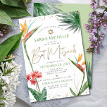 Bat Mitzvah Tropical Floral Watercolor Gold Script Einladung<br><div class="desc">Seien Sie stolz, freuen Sie sich und präsentieren Sie diesen Meilenstein Ihres Lieblings-Bat Mitzvah mit dieser raffinierten, personalisierten Einladung! Stilvolle, atemberaubende, farbenfrohe, tropische Wasserfarbenvögel paradiesischer Blume, Imitate goldgeschriebenes Drehbuch, Star of David und Glitzer Punkte, zusammen mit grün und grau modernen Sans Serif Typ, überlagern einen weißen Hintergrund. Zusätzliche Aquarellpalmen-Blätter und...</div>
