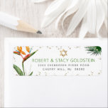 Bat Mitzvah Tropical Gold Palm Wasserfarbenadresse<br><div class="desc">Seien Sie stolz, freuen Sie sich und feiern Sie diesen Meilenstein Ihres Lieblings-Bat Mitzvah mit diesem raffinierten, personalisierten Rücksendelabel! Stilvolle, atemberaubende, farbenfrohe tropische Wasserfarbenvögel paradiesischer Blume, Imitate goldener Star von David und Glitzer Punkte und grün und grau moderne Sans Serif Typ Overlay einen weißen Hintergrund. Personalisieren Sie den benutzerdefinierten Text...</div>