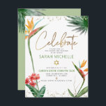 Bat Mitzvah Tropical Gold Script Floral Wasserfarb Begleitkarte<br><div class="desc">Seien Sie stolz, freuen Sie sich und präsentieren Sie diesen Meilenstein Ihres Lieblings-Bat Mitzvah! Fügen Sie diese moderne, funkelnd, personalisierte Einlage für zusätzliche Informationen zu Ihrer Veranstaltung ein. Stilvolle, atemberaubende, farbenfrohe, tropische Wasserfarbenvögel paradiesischer Blume, Imitate goldgeschriebenes Drehbuch, Star of David und Glitzer Punkte, zusammen mit grün und grau modernen Sans...</div>