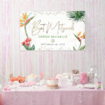 Bat Mitzvah Tropical Palm Leaf Gold Script Willkom Banner<br><div class="desc">Seien Sie stolz, freuen Sie sich und präsentieren Sie diesen Meilenstein Ihres Lieblings-Bat Mitzvah! Lassen Sie sich von diesem atemberaubenden, modernen, stilvollen, personalisierten Banner in einen besonderen Tag hineinführen. Stilvolle, atemberaubende, farbenfrohe, tropische Wasserfarbenvögel paradiesischer Blume, Imitate goldgeschriebenes Drehbuch, Star of David und Glitzer Punkte, zusammen mit grün und grau modernen...</div>