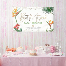 Bat Mitzvah Tropical Palm Leaf Gold Script Willkom Banner