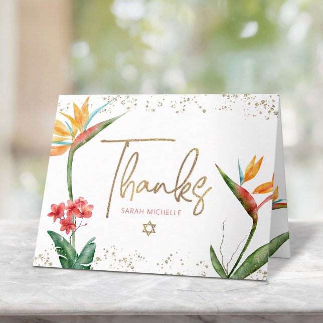 Bat Mitzvah Tropical Watercolor Floral Gold Script Dankeskarte (Von Creator hochgeladen)