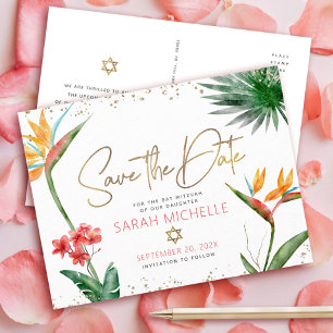 Bat Mitzvah Tropisch Speicherdatum Floral Gold Sch Einladungspostkarte