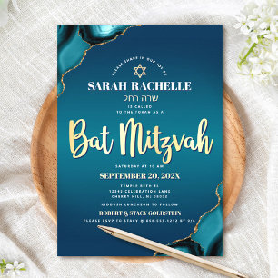 Bat Mitzvah Türkis Ombre Achat Gold Schrift Fett Einladung