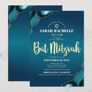 Bat Mitzvah Türkis Ombre Achat Gold Schrift Fett Einladung