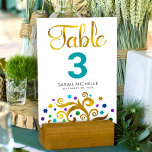 Bat Mitzvah Türkis Weiße goldene Foil Tree of Life Tischnummer<br><div class="desc">Kein Bat Mitzvah Party ist komplett ohne personalisierte Tischnummer Karten. Lass deinem Lieblings-Bat Mitzvah Stolz, Freude und feiere ihren Meilenstein in ihrem perfekt koordinierten Party. Diese raffinierte, schicke, atemberaubende, abstrakte Grafik-Imitate Goldfolienbaum mit funkelnd lila, türkisfarbenen, aquamarinen und blauen Star of David und Punkt "Blätter" und aquamarine Tischnummer überlagern einen weißen...</div>