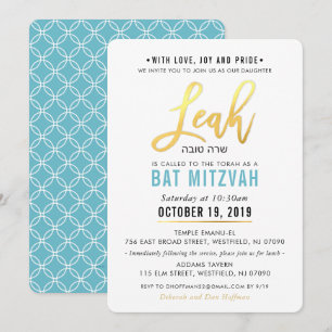 BAT MITZVAH Türkisblaues Goldskript LEAH Einladung