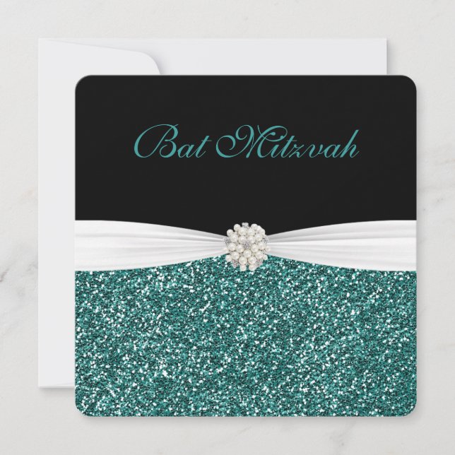 Bat Mitzvah, türkisfarbener Glitzer, Einladungen (Vorderseite)