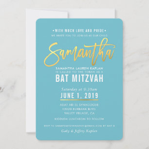 BAT MITZVAH türkisfarbenes weißes Goldskript SAMAN Einladung