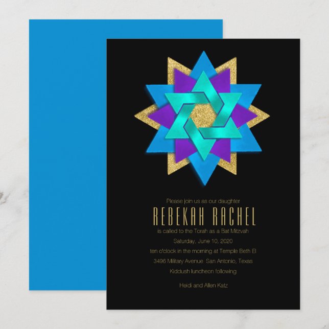Bat Mitzvah Turquoise Blue Lila Aqua Star Blume Einladung (Vorne/Hinten)
