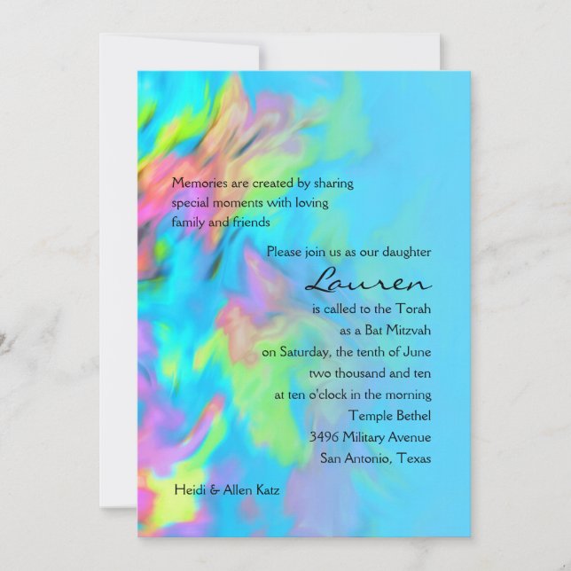 Bat Mitzvah Turquoise Blue Limon Pink Gefärbte Kra Einladung (Vorderseite)