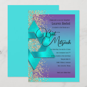 Bat Mitzvah Turquoise Lila Ombre Gold Glitzer Einladung