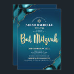 Bat Mitzvah Turquoise Ombre Agate Gold Skript Bold Einladung<br><div class="desc">Seien Sie stolz, freuen Sie sich und präsentieren Sie diesen Meilenstein Ihres Lieblings-Bat Mitzvah! Versenden Sie diese coole, einzigartige, moderne, personalisierte, hebräische Namensaufforderung für eine Veranstaltung, an die Sie sich erinnern können. Imitate Goldfolien-Schrift Typografie, weiße Sans Serif Typografie, und ein Imitat goldener Star von David überlagern einen tieftürkisfarbenen aquamarinen, blauen...</div>