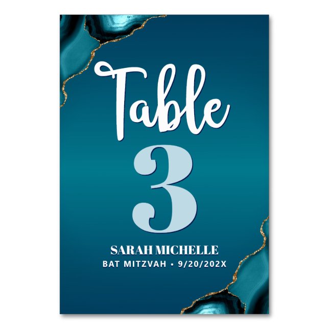 Bat Mitzvah Turquoise Ombre Agate Script Modern Tischnummer (Vorderseite)