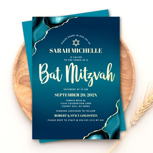Bat Mitzvah Turquoise Ombre Agate Script Real Gold Folieneinladung (Von Creator hochgeladen)