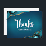 Bat Mitzvah Turquoise Ombre Agate Script Vielen Da Postkarte<br><div class="desc">Vergewissern Sie sich, dass Ihr Lieblings-Bat Mitzvah zeigt seine Wertschätzung für alle, die ihre Meilenstein-Veranstaltung unterstützt! Versenden Sie diese coole, einzigartige, moderne, personalisierte Dankeschön Postcard. Weiße handgeschriebene Schrift und fette Sans Serifentypografie überlagern einen tiefblaublauen Hintergrund mit türkisblauem Age, der mit den goldenen Venen der Imitate besticht. Ein Imitat goldener Star...</div>