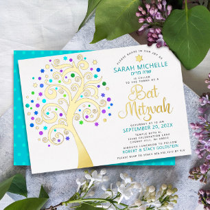 Bat Mitzvah Turquoise Tree o Life Script Real Gold Folieneinladung