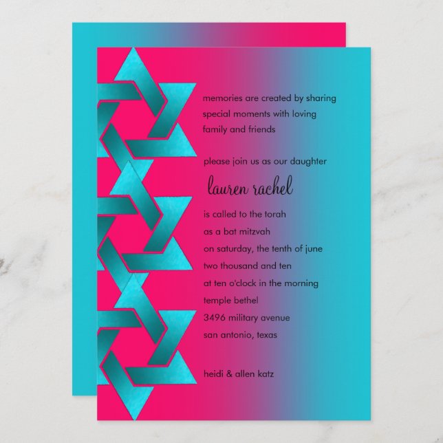 Bat Mitzvah Turquoise und Pink Ombre Star von Davi Einladung (Vorne/Hinten)