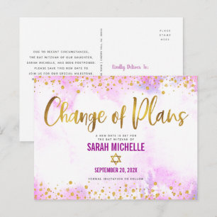 Bat Mitzvah Verschoben Gold Glitter Rosa Wasserfar Einladungspostkarte